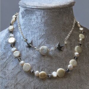 2 Elegant coin pearl and bird necklaces